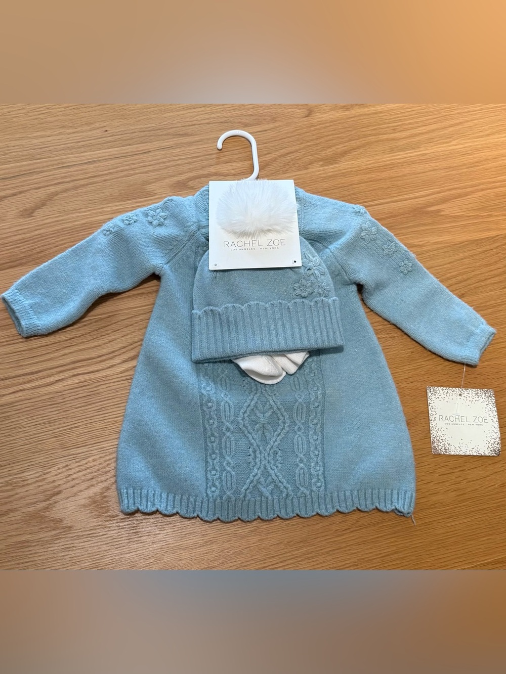NWT Rachel Zoe Baby Girl 3-6M Blue Knit Sweater Dress Hat Tights 3-Piece Set